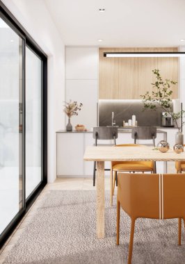 3d rendering mockup modern interior room design and decoration in white color wall and furniture fabric sofa. minimal apartment ideas. vertical image