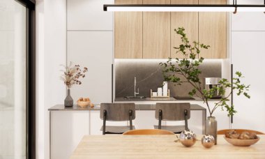 Modern built in kitchen counter and cabinet in apartment room interior design and decoration in white and wooden earth tone. 3d rendering frontal dining room.