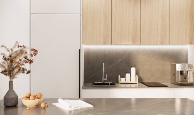 Close up modern kitchen counter room interior design and decoration with bluit in wooden cabinet. 3d rendering mockup kitchen.