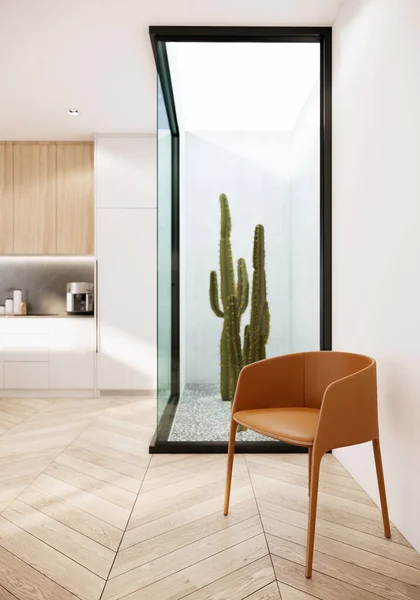 Room interior design with yellow chair and cactus area. 3d rendering.