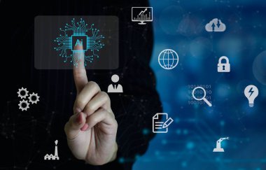 Businesswoman pressing AI icon on virtual screen with white digital icons on blurred dark background. Digital transformation technology strategy, internet of things.
