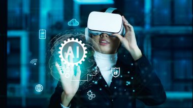Metaverse digital cyber world technology, businesswoman with virtual reality VR goggle touching AI icon on virtual screen, futuristic metaverse business ideas