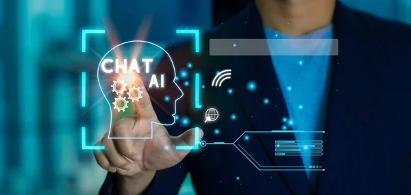 Businessman hand touch digital chatbot an assistant conversation access to data growth of business in online network, Robot application and global connection, AI, Artificial intelligence. Technology.