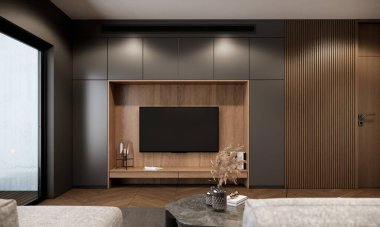 modern living room interior design and decoration with built in cabinet and tv zone in wooden, parquet floor. 3d rendering architectural