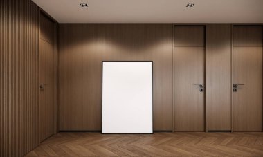 frame mockup, poster mockup, blank frame in room wood wall and parquet floor, 3d rendering