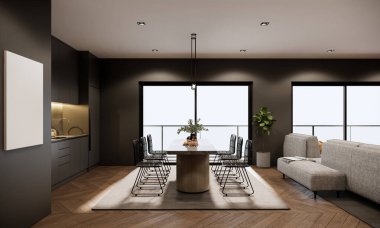 3D model, yüksek katlı, iç dekorasyon, modern tarz mutfak tezgahı, yemek masası ve sandalyeler, gri halı, ahşap parke döşeme, kumaş kanepe..