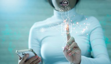 Digital transformation technology strategy, IoT, internet of things. Asian woman pressing AI button on hologram virtual screen.