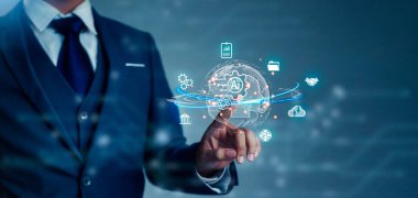 Businessman finger touching to connect with ai machine learning technology. Global big data business and technology concept