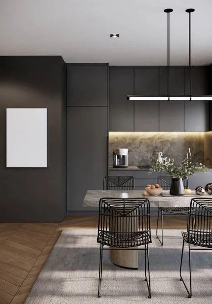 Modern Luxury Room Interior Design Decoration Built Black Kitchen Counter — Photo