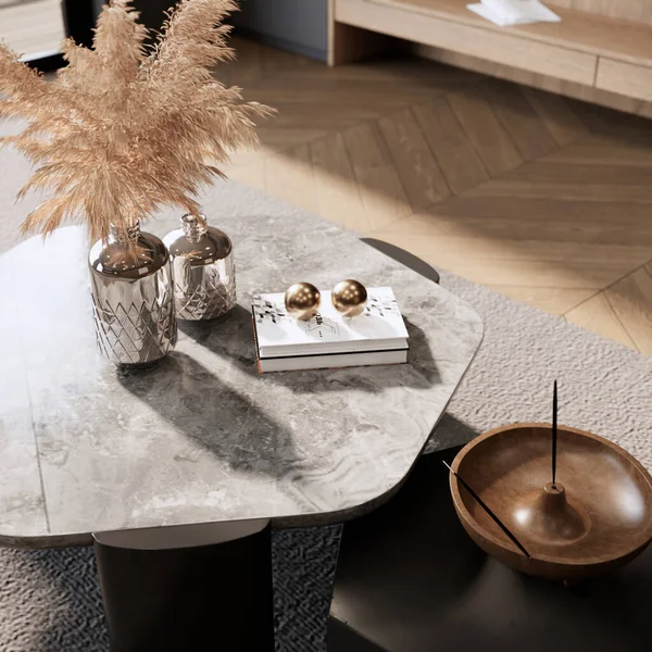 3D渲染 灰色地毯木地板地板顶视图室内装饰上的闭合设计咖啡桌 — 图库照片