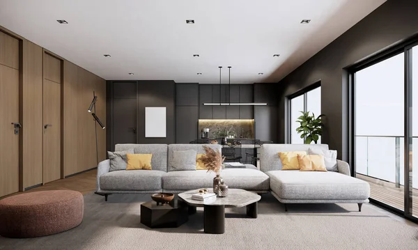 Modern Room Interior Rendering Architectural Living Room Sofa Wood Walls — Φωτογραφία Αρχείου