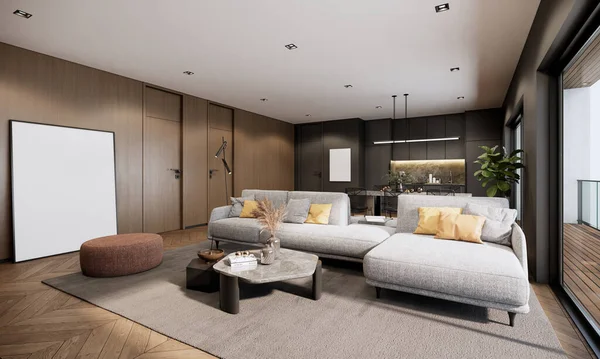 現代的なアパート室内デザイン3Dレンダリングアーキテクチャ ソファウッドの壁と寄木細工の床があるリビングルーム — ストック写真