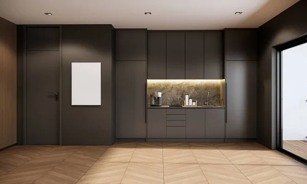 Modern luxury room interior design and decoration with built in kitchen counter and cabinets, wooden parquet floor, balcoly. 3d rendering.