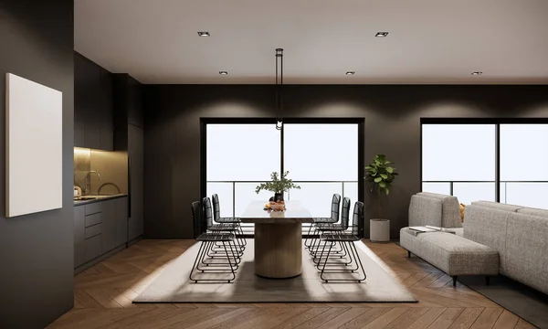 3Dレンダリングモックアップ高層階のアパートの部屋のインテリアデザインと装飾 キッチンカウンター ダイニングテーブルと椅子 グレーカーペット 木製の寄木細工の床 ファブリックソファに建てられたモダンなスタイル — ストック写真