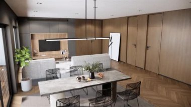3d visualization of Modern dining room with living room area. Contemporary apartment design.