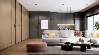 Contemporary interior design of the apartment stylish. interior of black kitchen-living room. 3d visualization rendering animation