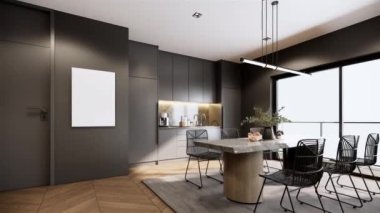 Interior design of the apartment stylish. Modern interior of black kitchen-living room. 3d visualization rendering animation