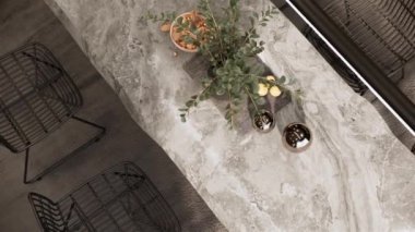 interior design detail of Modern apartment dining room with stone table shot close up. 3d visualization