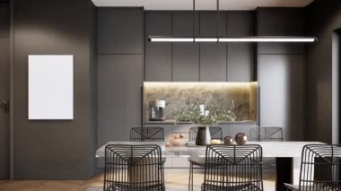 Modern interior design of the apartment Stylish interior of black kitchen-living room. 3d rendering visualization