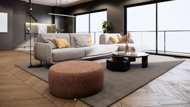 雅致公寓的现代室内设计 带有灰色沙发和厨房区域3D动画渲染的客厅 — 图库视频影像