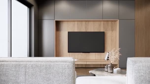 Modern Living Room Dining Room Area Contemporary Apartment Design Visualization — стоковое видео
