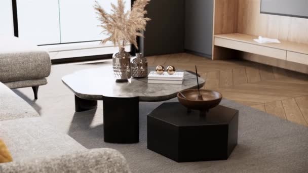 Video Top View Living Room Interior Design Decoration Coffee Table — Vídeos de Stock