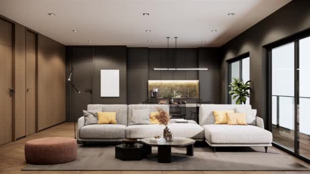 Contemporary Interior Design Apartment Stylish Interior Black Kitchen Living Room — 图库视频影像