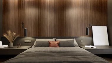 Mobilyalı modern yatak odasının içi, görüntüyü büyüt, ultra HD 4K, 3D canlandırma yatak odası tasarımı