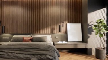 Yatak odasının modern iç tasarımı. Koyu renk yatak odasının içi çok şık. 3d görselleştirme 4K video