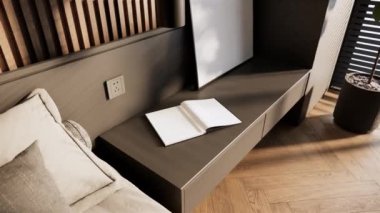 Modern yatak odasının 3 boyutlu iç dekorasyon detaylarını yumuşak ve rahat güneş ışığı görüntüsü ile kapatıyoruz, 4K video 3d görselleştirme