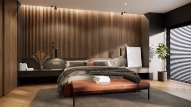 Modern yatak odasının iç tasarım detayları koyu renk, yumuşak ve rahat güneş ışığı, 4K video 3D görüntüleme