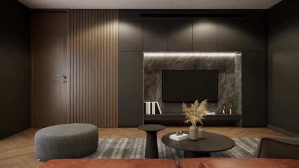 现代室内设计一流的公寓 客厅与皮革沙发 黑色墙壁 白色天花板和花篮地板 3D动画渲染 — 图库视频影像