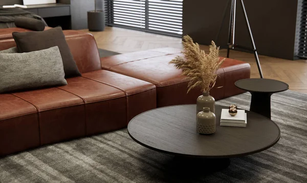 客厅室内模拟 现代家具和装饰与时髦的干花 皮革沙发和咖啡桌 3D渲染 — 图库照片