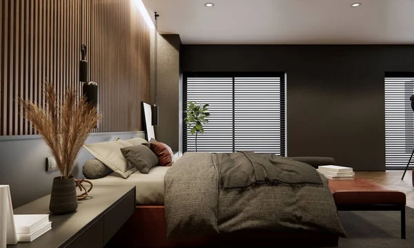 現代的なインテリアベッドルームのモックアップ 木製の壁と黒の壁 3Dレンダリング 3Dイラスト付きの部屋 — ストック写真