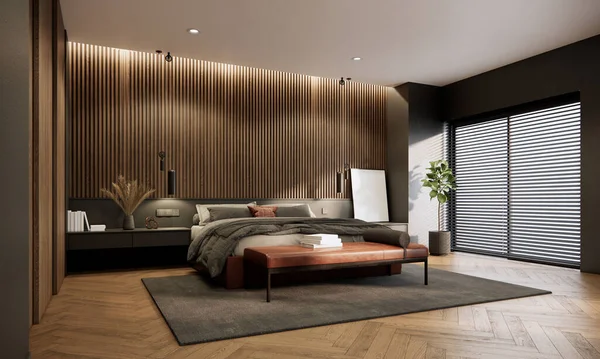 Mobilyalı Ahşap Duvarlı Parke Zeminli Modern Şık Yatak Odası Tasarımı — Stok fotoğraf