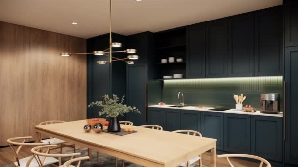 3D可视化渲染 现代室内设计风格的公寓 室内深色厨房客厅装饰明木褐色家具 — 图库视频影像
