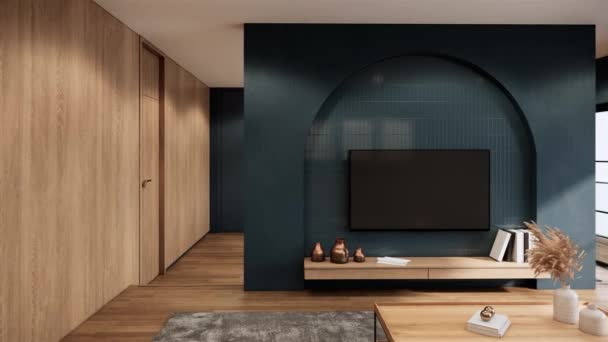 Nowoczesne Klasyczne Wnętrze Salonu Projekt Mieszkania Ozdobić Drewnianymi Brązowymi Meblami — Wideo stockowe
