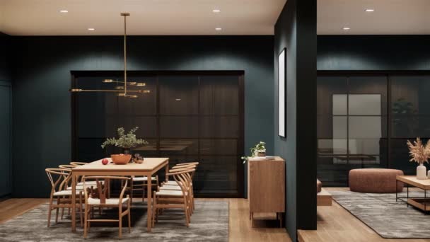 Visualisering Gör Animering Modern Inredning Lägenheten Elegant Interiör Mörk Färg — Stockvideo