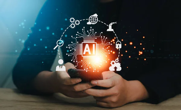 stock image AI with young businessman using smartphone, Ai machine learning technology.	 Digital transformation technology strategy, IoT, internet of things.