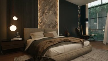 3D canlandırma dramatik yatak odası fikirleri. Modern apartman. Pencereden yağmurlu Bahçe Manzarası. Video 4K yatak odası tasarımı
