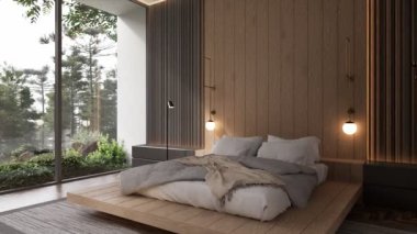 3D animasyon. Modern dramatik yatak odası, beyaz yataklı iç tasarım. Pencereden bahçe manzarası. Japon tarzı bir daire..