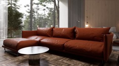 3d rendering Animation. Modern Dramatic room Interior design with brown leather sofa. Garden View Through Window. japanese style apartment.