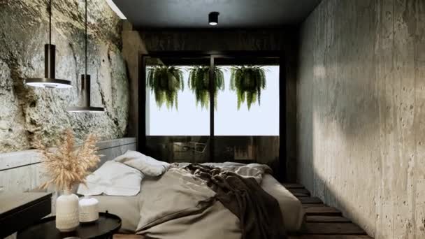 石のコンクリート壁と暗いトーンでモダンなロフトスタイルの寝室のインテリアデザインと装飾 4Kビデオショットズームアウト3Dアニメーションレンダリング — ストック動画