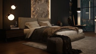 3D animasyon Modern Dramatik Yatak Odası Çift Yatak İçi. Pencereden yağmurlu Bahçe Manzarası. Video 4K yatak odası tasarımı