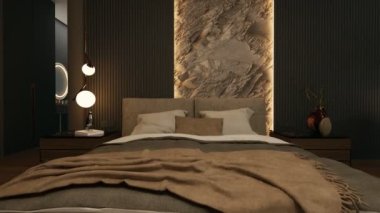 3D canlandırma dramatik yatak odası fikirleri. Modern lüks apartman dairesi. Video 4K yatak odası tasarımı yakınlaştır.