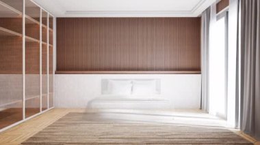 İç Bina Zaman Hızı 3D canlandırması yapıyor. Yatak odası Mobilya Modern Minimalist tarzı. Mobilyalarla dolu bir oda. mimari ve dekorasyon kavramı 4k UHD 3840x2160.