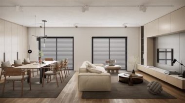 modern living room area design in minimalistic white apartment interior. 3D rendering 4k video animation scene