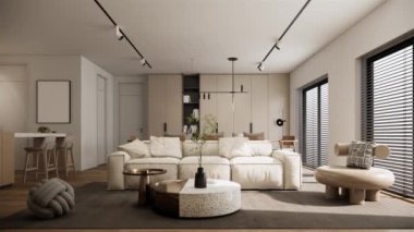 modern living room area. minimalistic white apartment interior design. 3D rendering 4k video animation scene