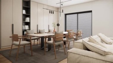 3D rendering. modern living room design in minimalistic white apartment. 4k video animation scene interior design.