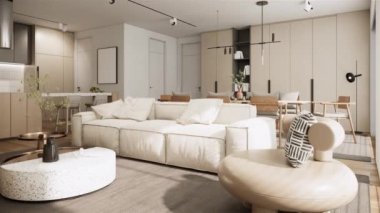 Contemporary Japandi interior design of the apartment stylish. interior of white living room. 3d visualization rendering animation